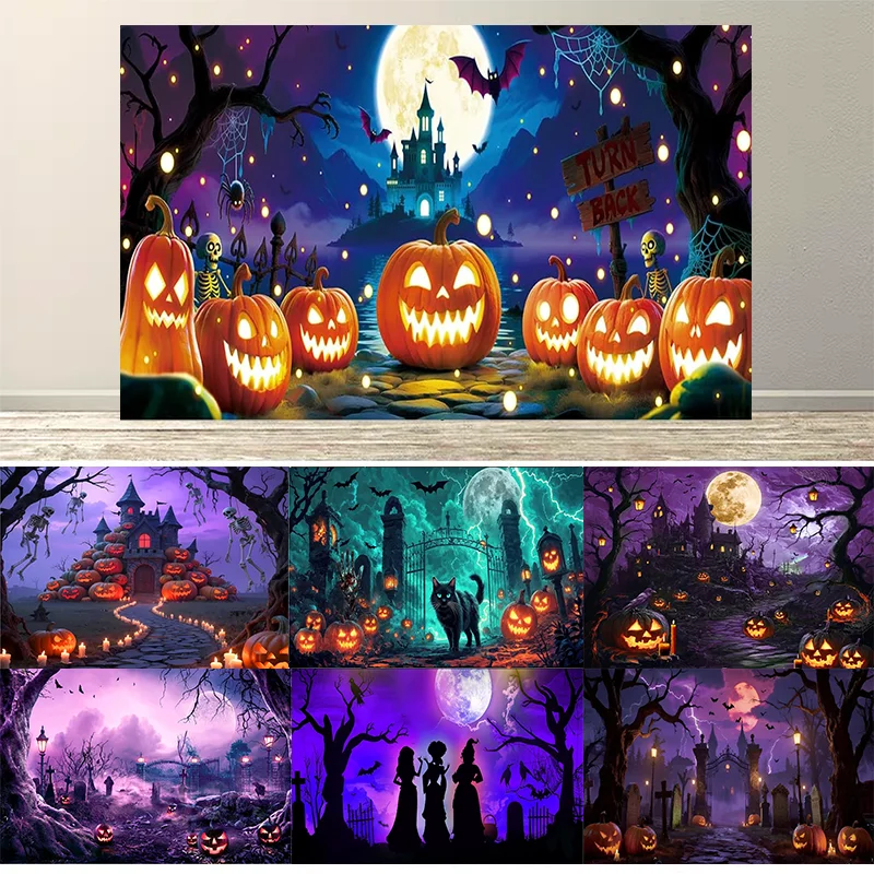 Dewprint Halloween Purple Backdrop Moon Cat Scary Night Castle Pumpkin Party Background Spooky Witch Kid Halloween Photoshoot
