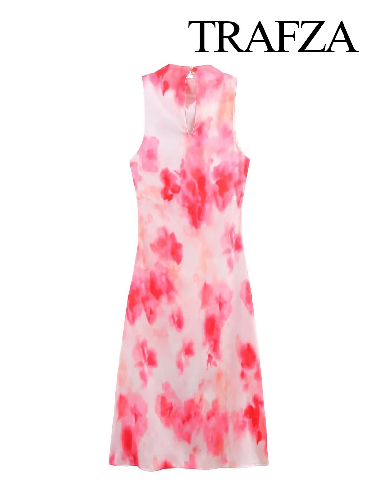 HH Mulheres Verão Em Torno Do Pescoço Moda Tie-Dye Seda Cetim Textura Midi Vestido Feminino Elegante High Street Casual Vestido Sem Mangas