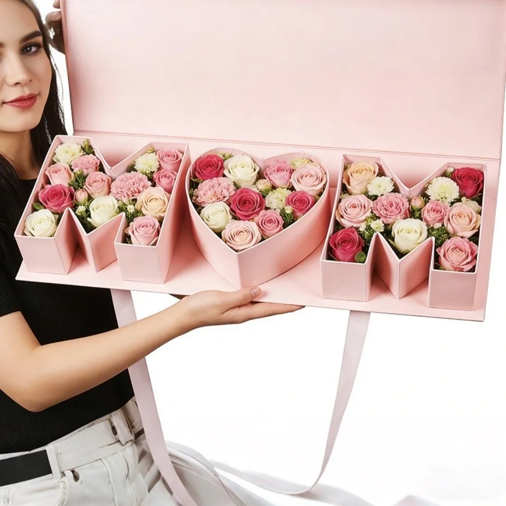 Romantic MOM Letter Shaped Gift Box Rectangle Paperboard Mother's Day Gift Box Ribbon Closure Large Floral Packaging Box