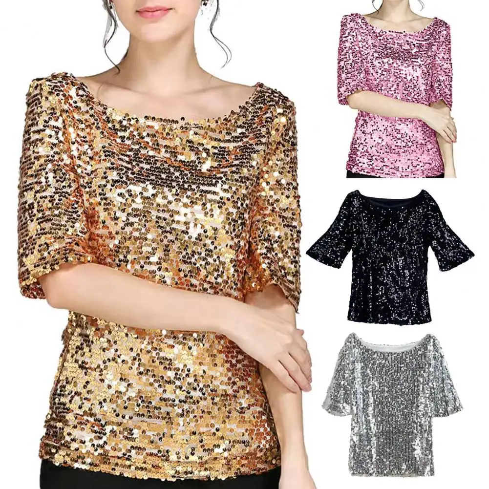 Relaxed Fit Sequin Top Women Sequin Top Stylish Women\'s Sequin Tops Sparkling Mid Sleeve Blouses for Stage Performances Daily