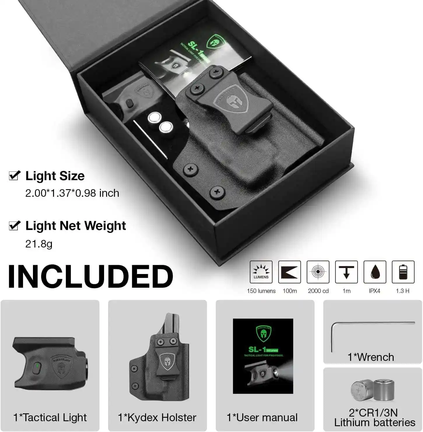 Mini latarka taktyczna latarka 150 lumenów dostosowane do Sig P365 / P365 XL pistolet z Kydex kabura do montażu na szynie taktyczne LED SL-1