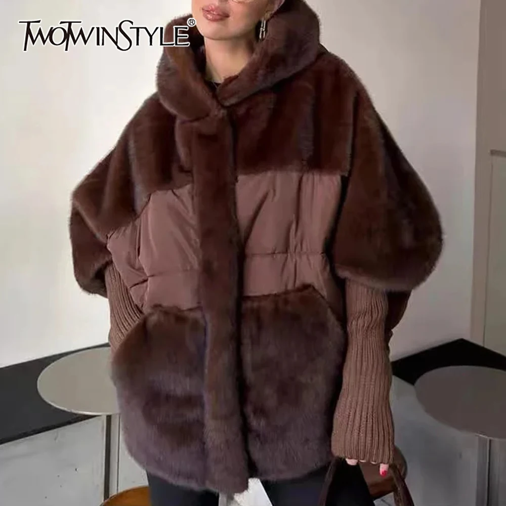 

TWOTWINSTYLE Американские уличные пальто из искусственного меха для женщин с капюшоном и рукавами-фонариками в стиле пэчворк на молнии, повседневная модная стильная женская куртка