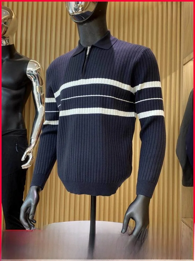 

Удобный мужской вязаный свитер в полоску с воротником на молнии, осенний, модный, городской стиль, с длинными рукавами, теплый, мягкий, из полиэстера