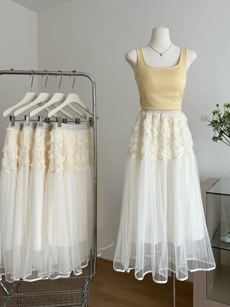 Floral Pleated Skirts Women Spring Summer Long Irregular Mesh Long Skirt Korean Fashion Elastic Waist Apricot Skirts Gauze Saias