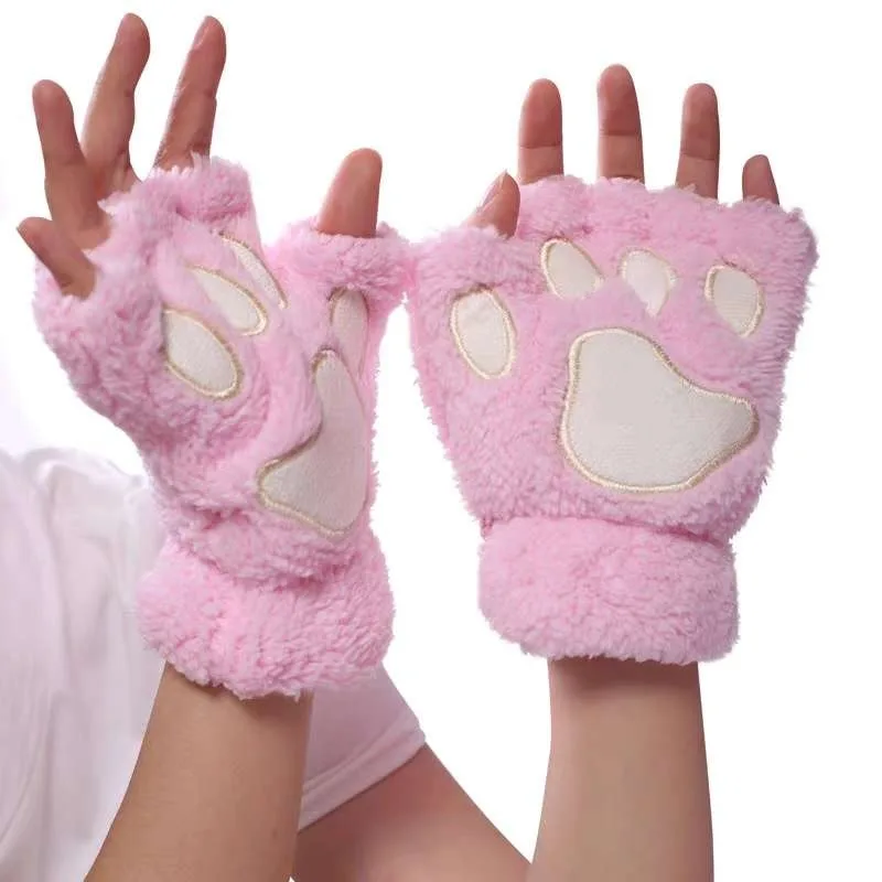 Plush Fingerless Panda Mittens Cute Fluffy Cat Paw Claw Fingerless Gloves Warm Soft Half Finger Women Winter Wear Christmas Gift