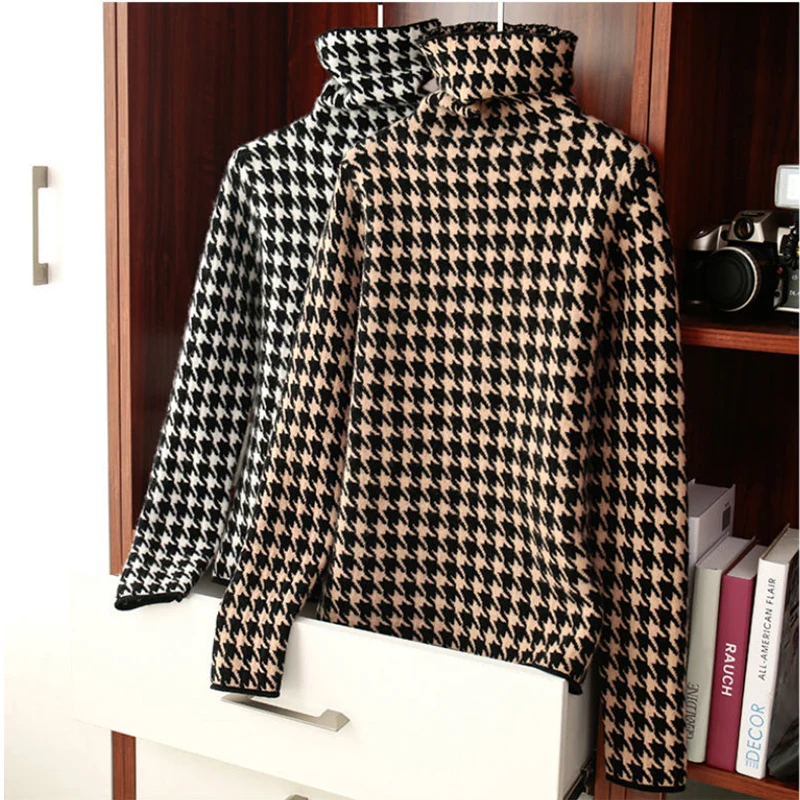 Houndstooth Plaid Turtleneck Vintage Soft Knitted Women\'s Sweater Korean Fashion Long Sleeve Jumpers Female Pullover Chic Tops