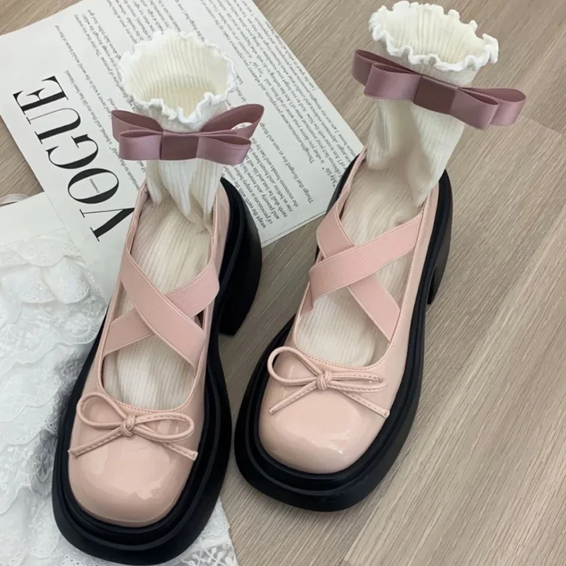 Kobiety Łuk Marie Jane Buty Platforma Moda Średnie Obcasy Sandały Nowe Czółenka Lolita Buty Sukienka Casual Chunky Designerm Mujer Shoes