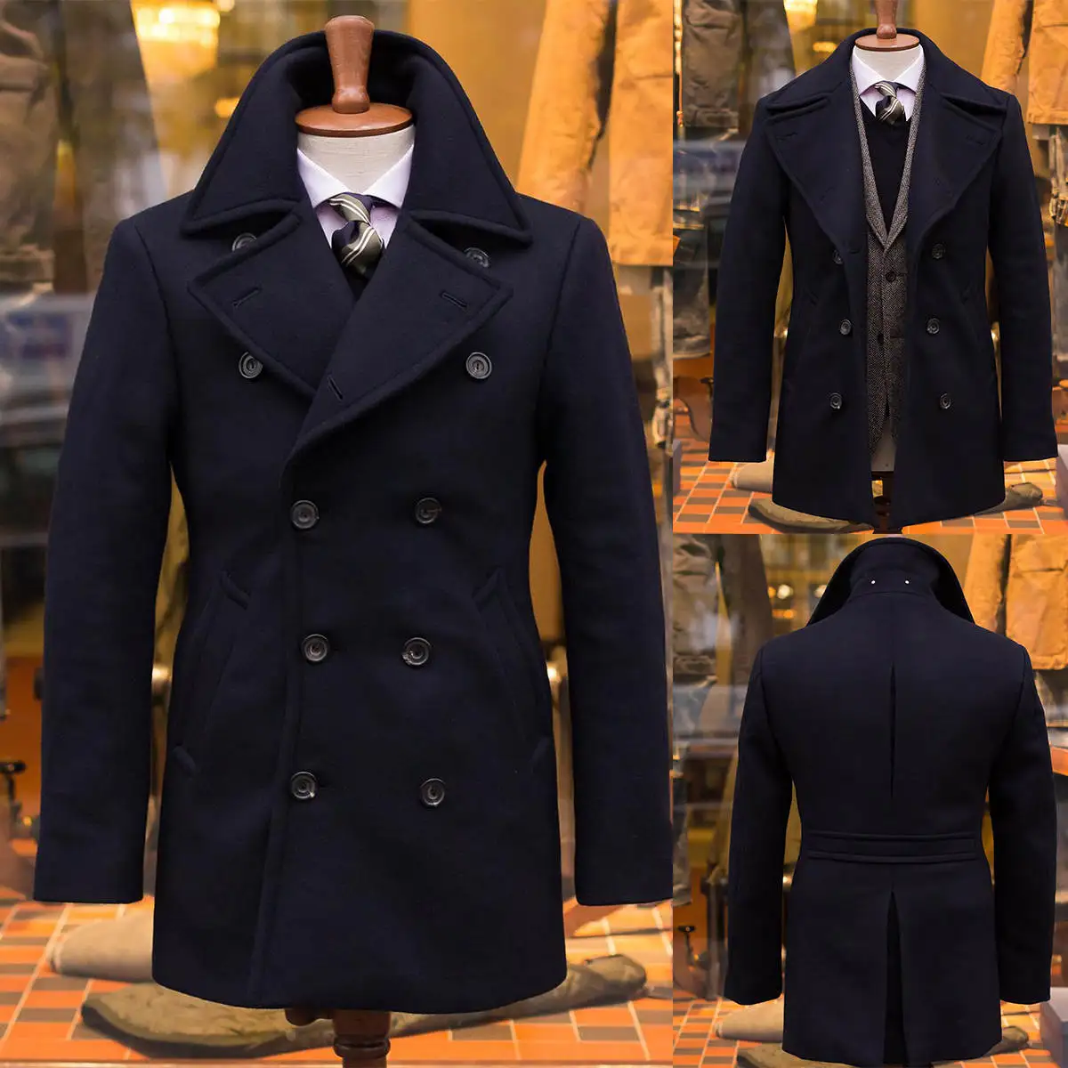 

Mens Navy Blue Woolen Coat Short Double Breasted Custom Made Winter Tweed Jacket Overcoat One Piece