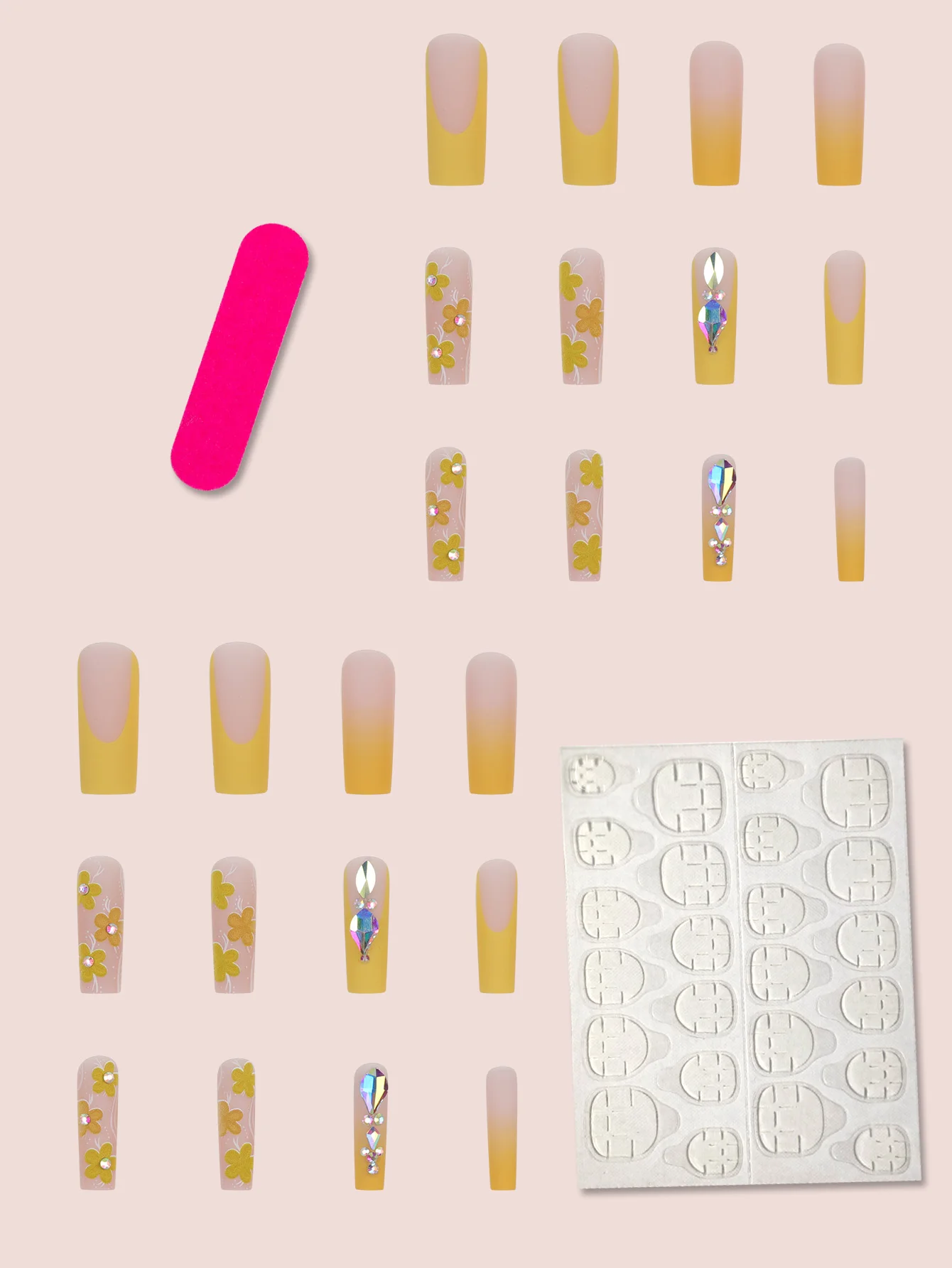 Questo set di arte francese e floreale sfumato a forma di bara lunga 24 pezzi è adatto per le donne da indossare a feste, balli o uso quotidiano,