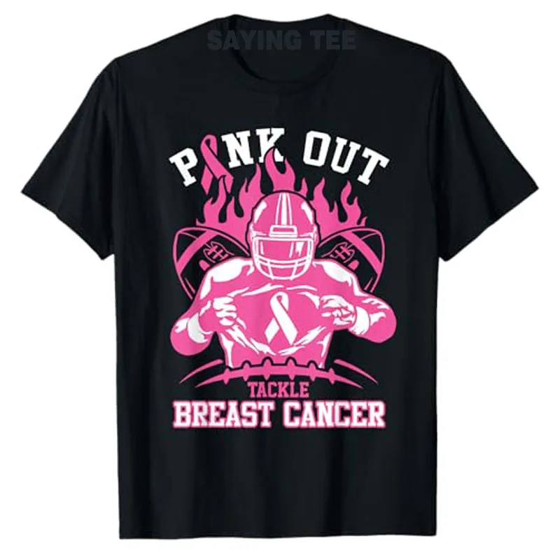 Pink Out Tackle Breast Cancer Awareness American Football T-Shirt Pink Ribbon Breast Cancer Fighter Graphic Outfit Saying Tee