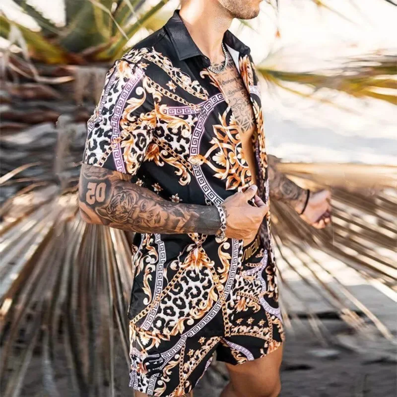 New Vintage Baroque Style Men's Shirts 2-Piece Outfits 3D Print Casual Beach Suit Summer Vacation Short Sleeve Shirt Shorts Sets