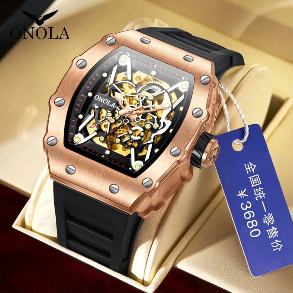ONOLA Business Skeleton Automatic Mechanical Watch Men\'s Silicone Band Sports Waterproof Male Boy Gift Clock Relogio Masculino