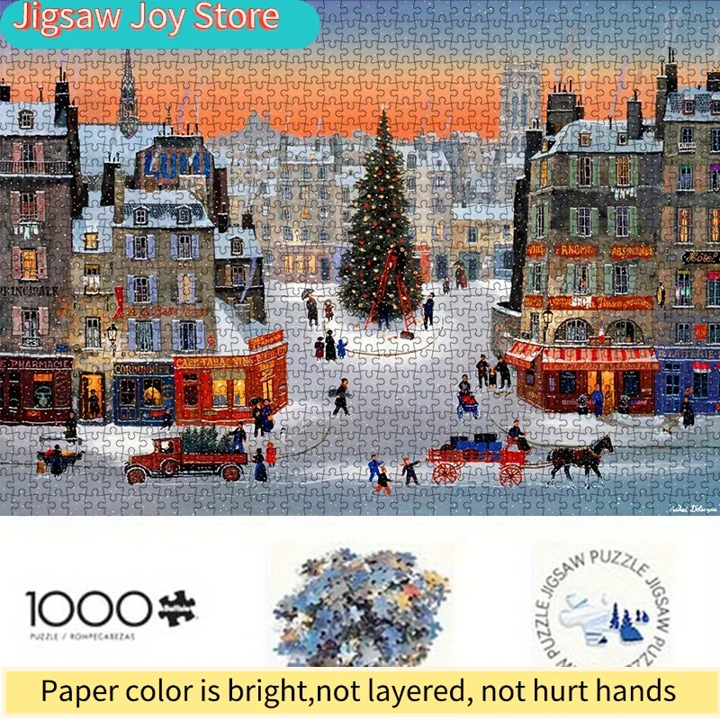 1000pcs DIY Christmas Jigsaw Puzzle - Charming Paris Snowy Town Scene with Red Carriage & Holiday Decor, High-Quality Cardboar