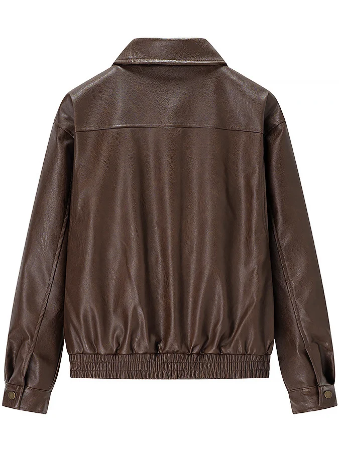 American Sle Vintage Faded Leather Jaet ملابس خارجية فضفاضة للتنحيف معطف من مادة البولي يوريثان لموسم الخريف للسيدات...