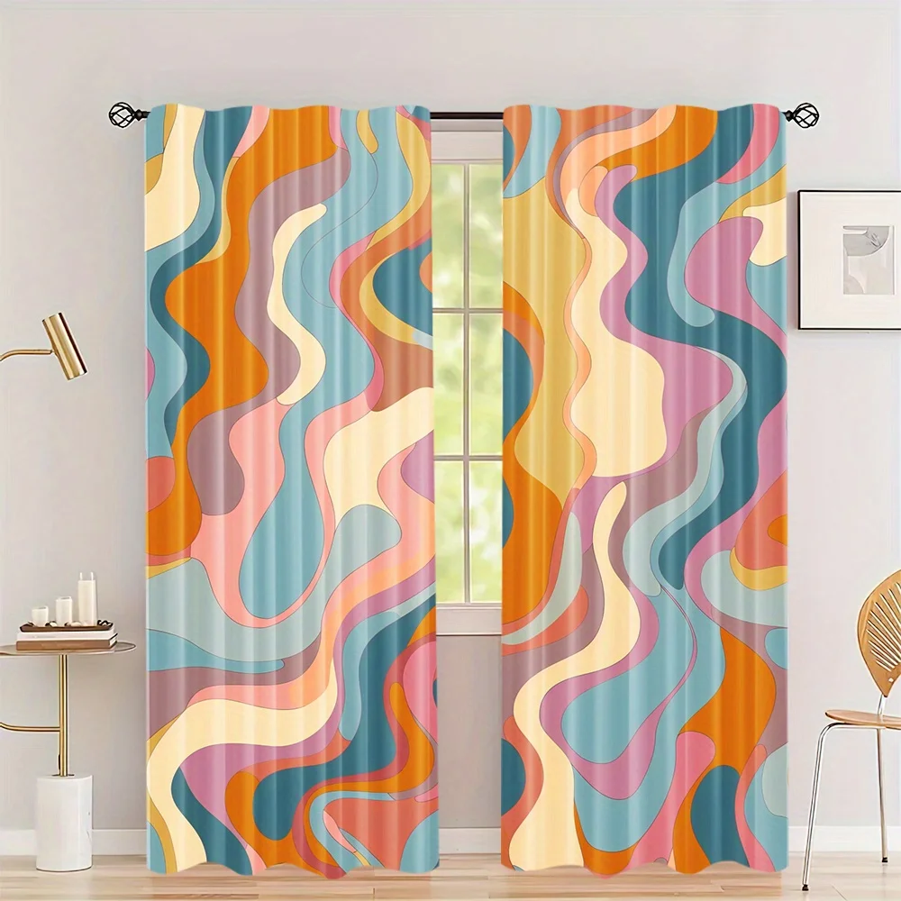 2PCS Abstract Curtains, Colorful Wave Retro Groovy, Digital Print, Bedroom Living Room, Rod Pocket Polyester, Home Decor
