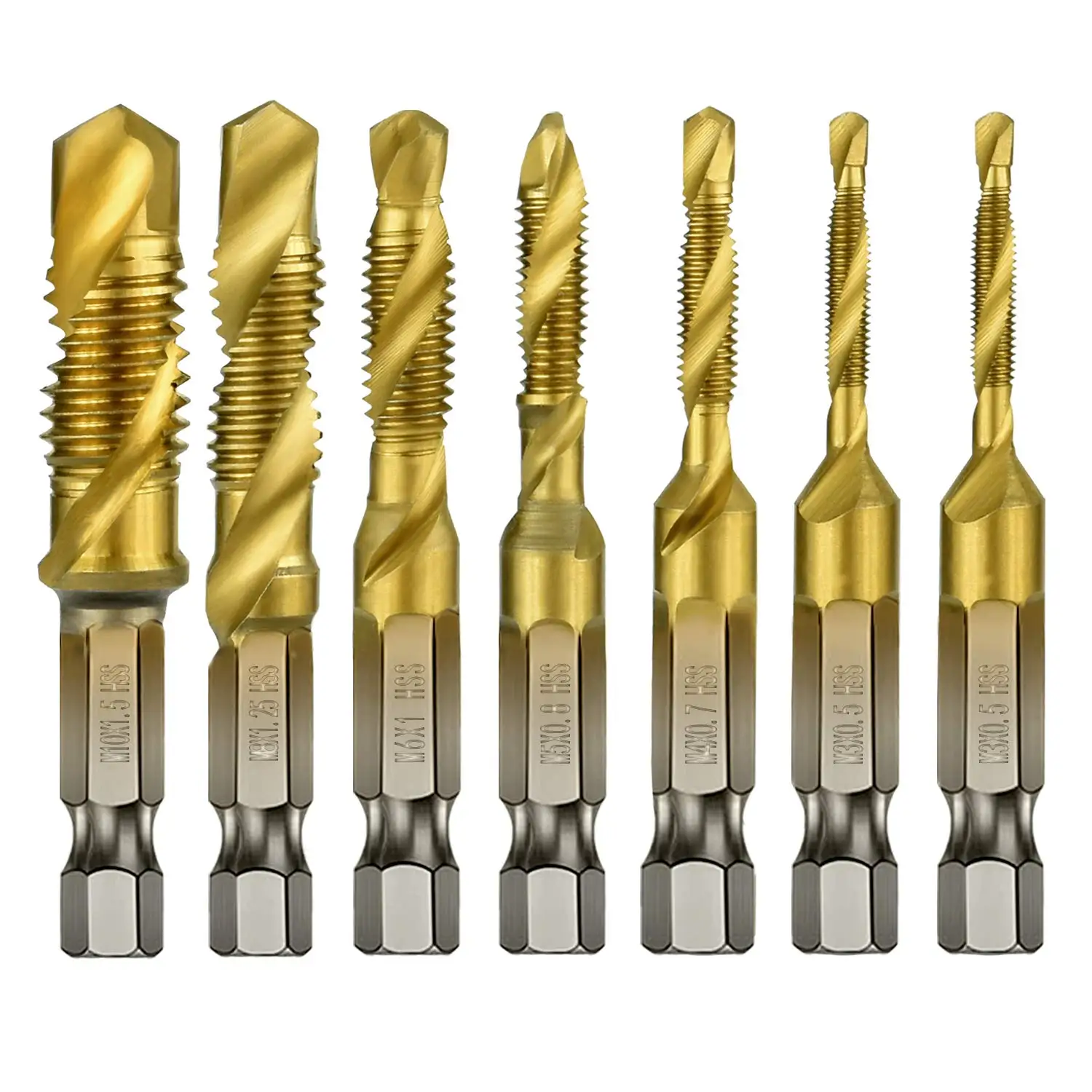 

7Pcs 1/4Inch Hex Shank Titanium Combination Drill and Tap Set Metric Thread HSS M3-M10 Screw Tapping Bit Tool