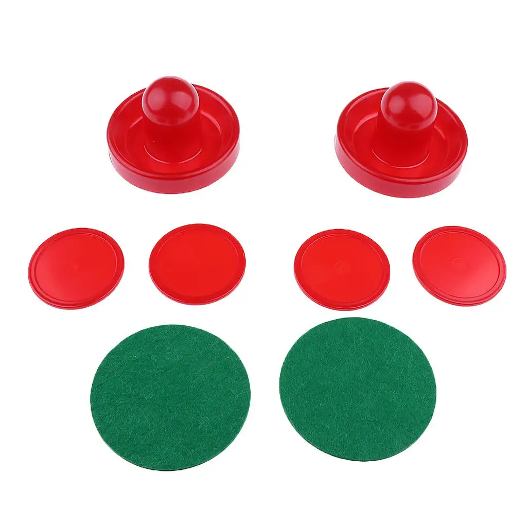 

Sets of Two Air Hockey Pushers Strikers Goalies Plus Four Pucks L Red