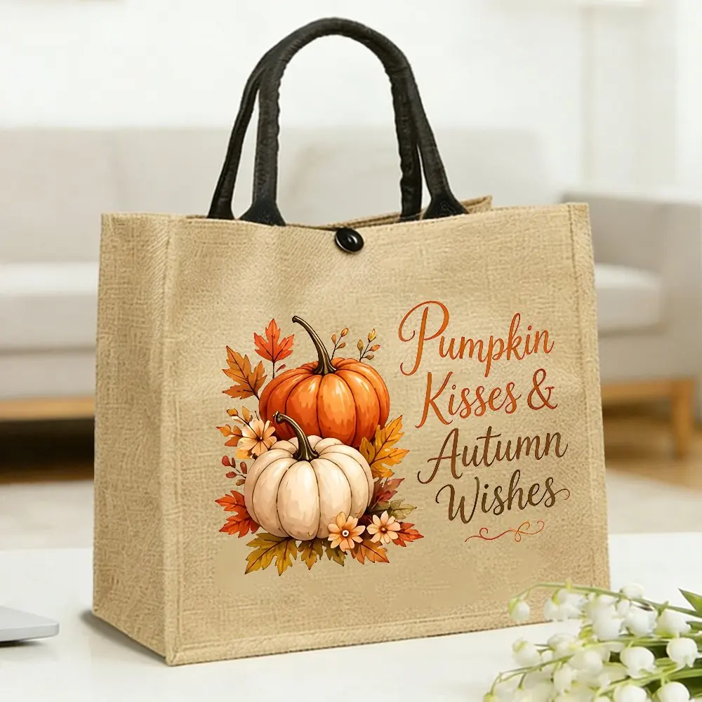 Pumpkin Kisses Autumn Wishes Jute Tote Bag Fall Maple Leaf Floral Print Shoulder Bag Thanksgiving Reusable Shopping Gift Handbag