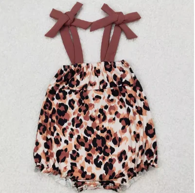Fashion Baby Girls Clothes Dark Brown Bows Strap Leopard Rompers Summer Kids Clothes Toddler Girls Bubbles Onesie Jumpsuits