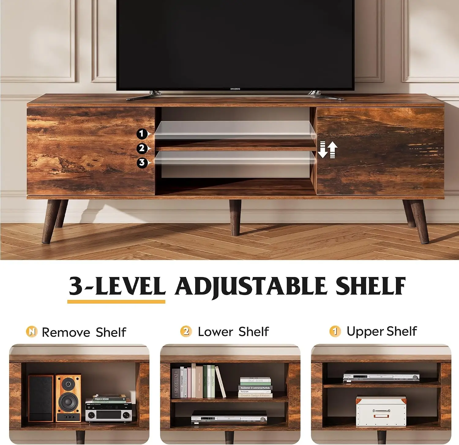 Mid-Century Modern TV Stand for 55-60 Inch TVs, Entertainment Center with 2 Cabinets, Adjustable Shelf & Soft-Close Hinges, Media Console Table view 5