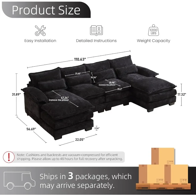 U Shape Sectional Sofa Cloud Couch, 110