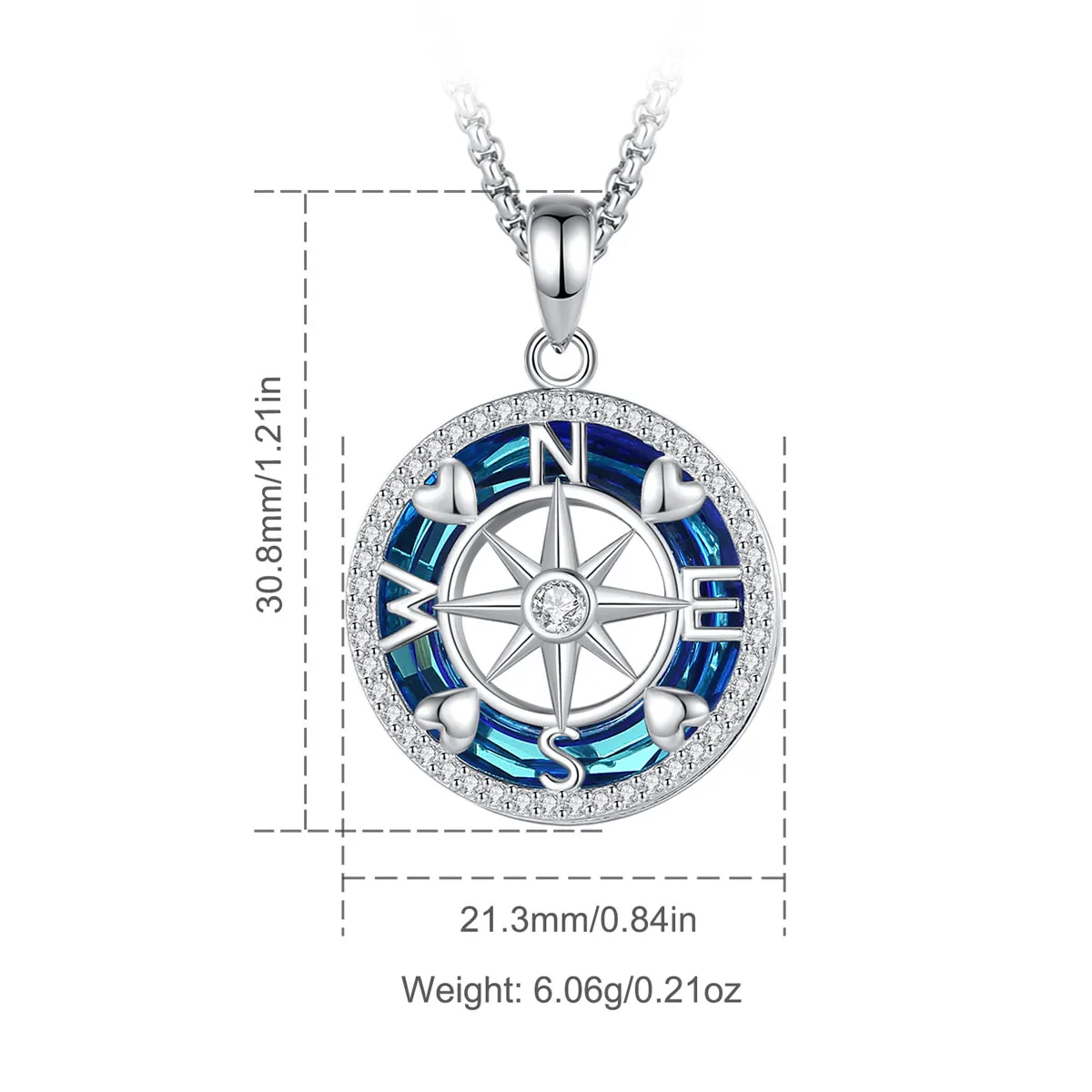 Eudora New 925 Sterling Silver Compass Blue Austrian Crystal Necklace inlay Zircon Heart Pendant Women Fine Jewelry Holiday Gift
