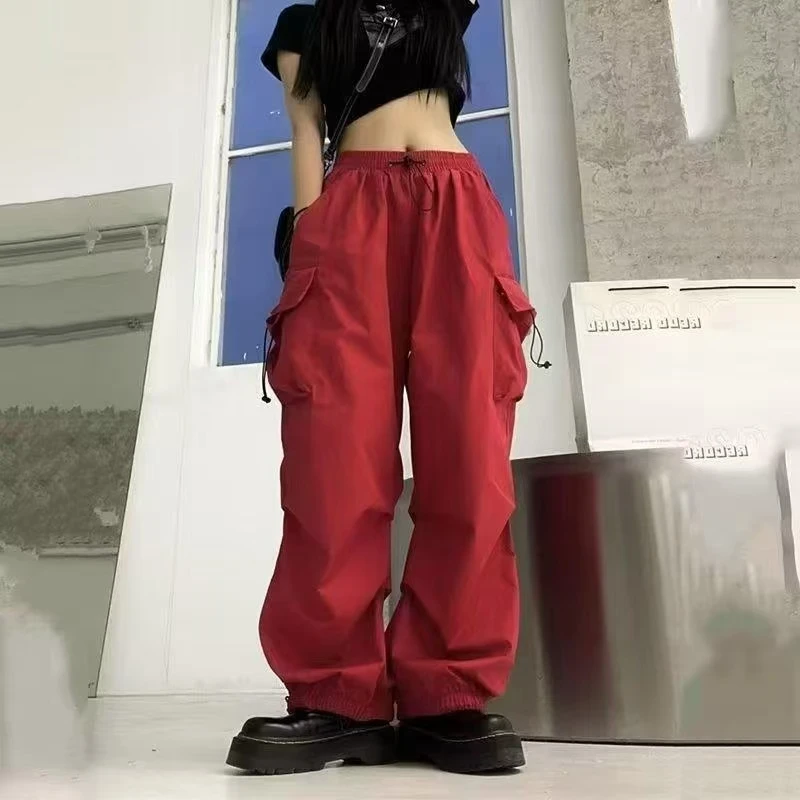 Women's loose oversized multi pocket black multi-color casual pants with wide legs