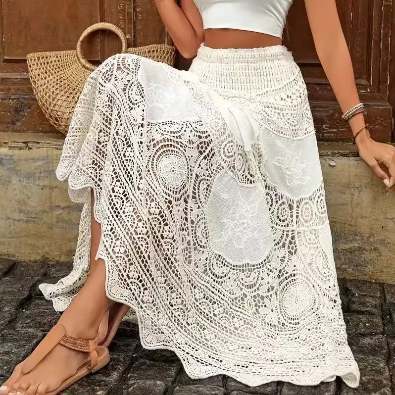 Bohemian Style Hollow out Lace Half Skirt High Waist Vacation Wear Women's A-Line Long Skirt Cotton Polyester Knitted Dress