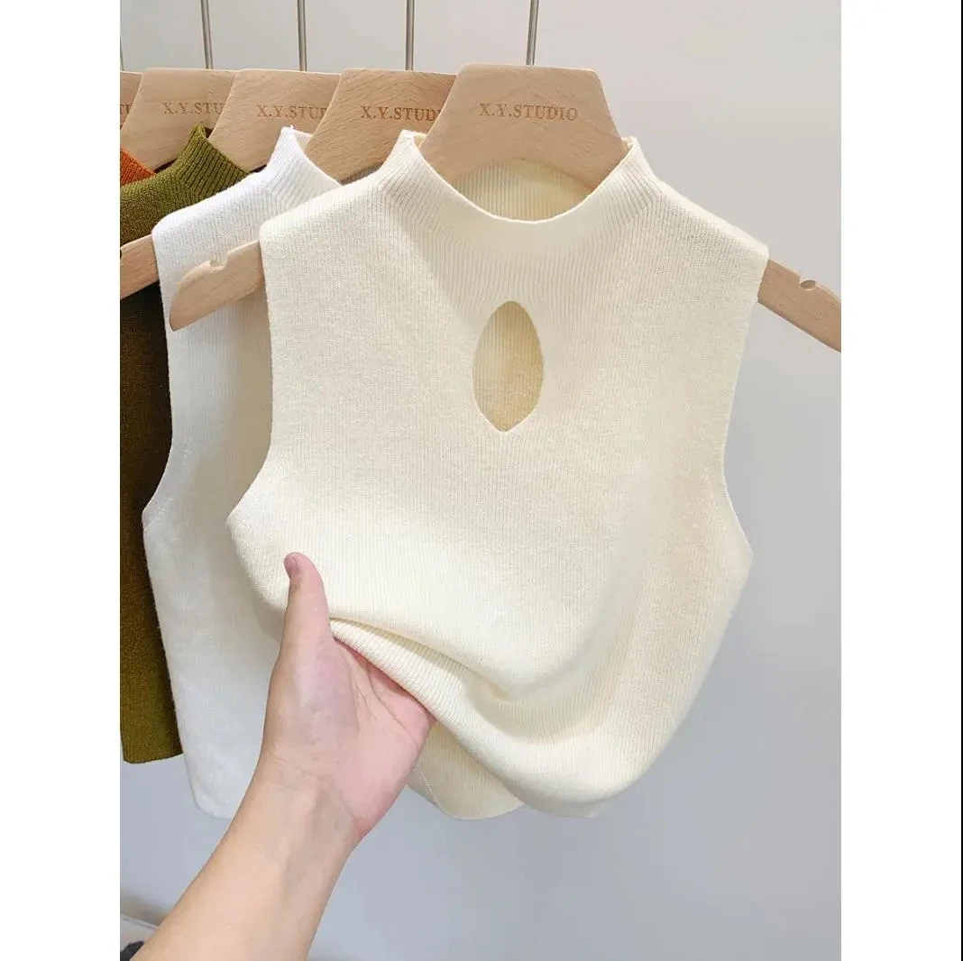 

Женские винтажные полые топы, новый жилет, однотонная повседневная женская вязаная летняя полуводолазка без рукавов, трикотажная футболка без рукавов D337