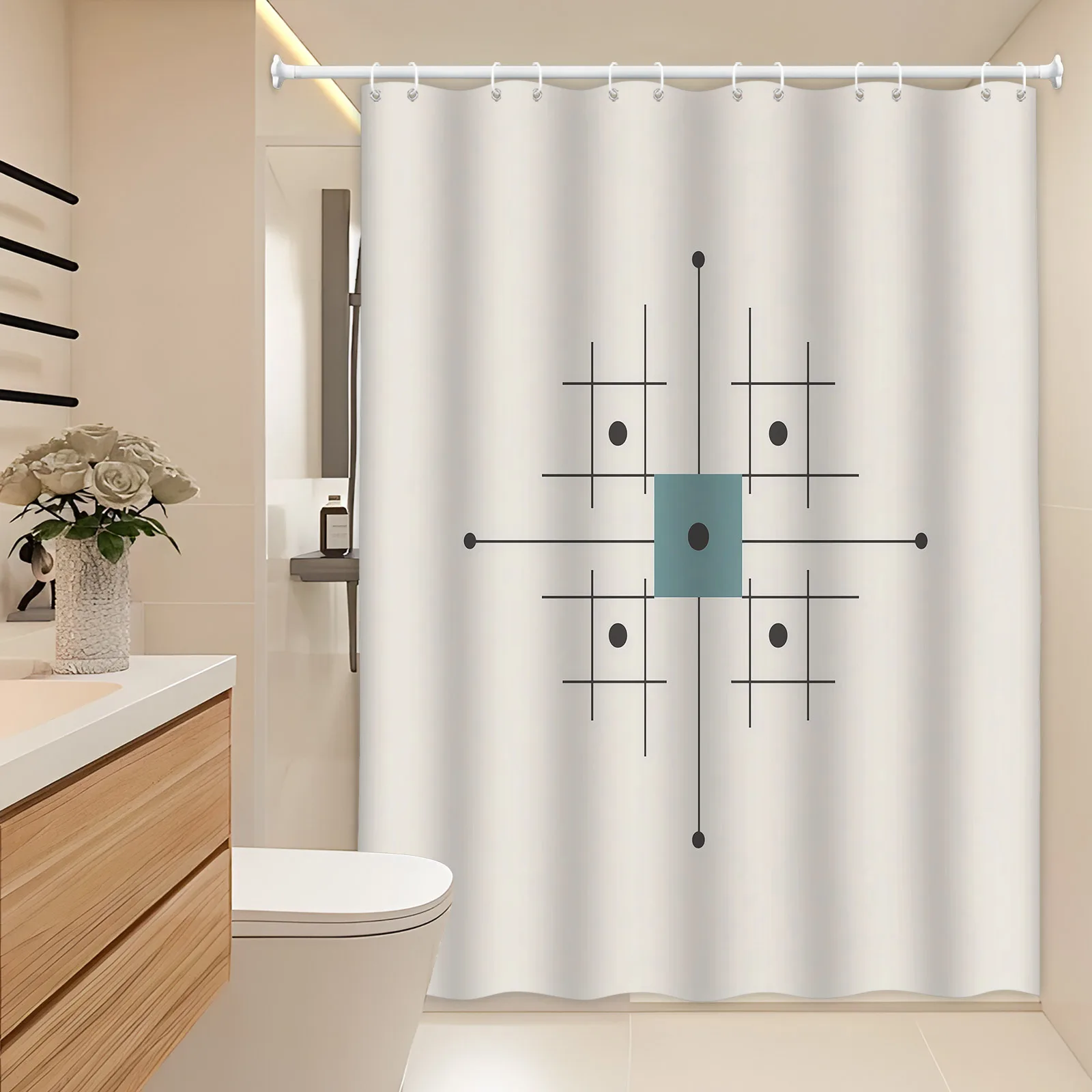 

Minimalist Geometric Teal & Black Shower Curtain - Abstract Central Teal Square with Black Circles & Lines