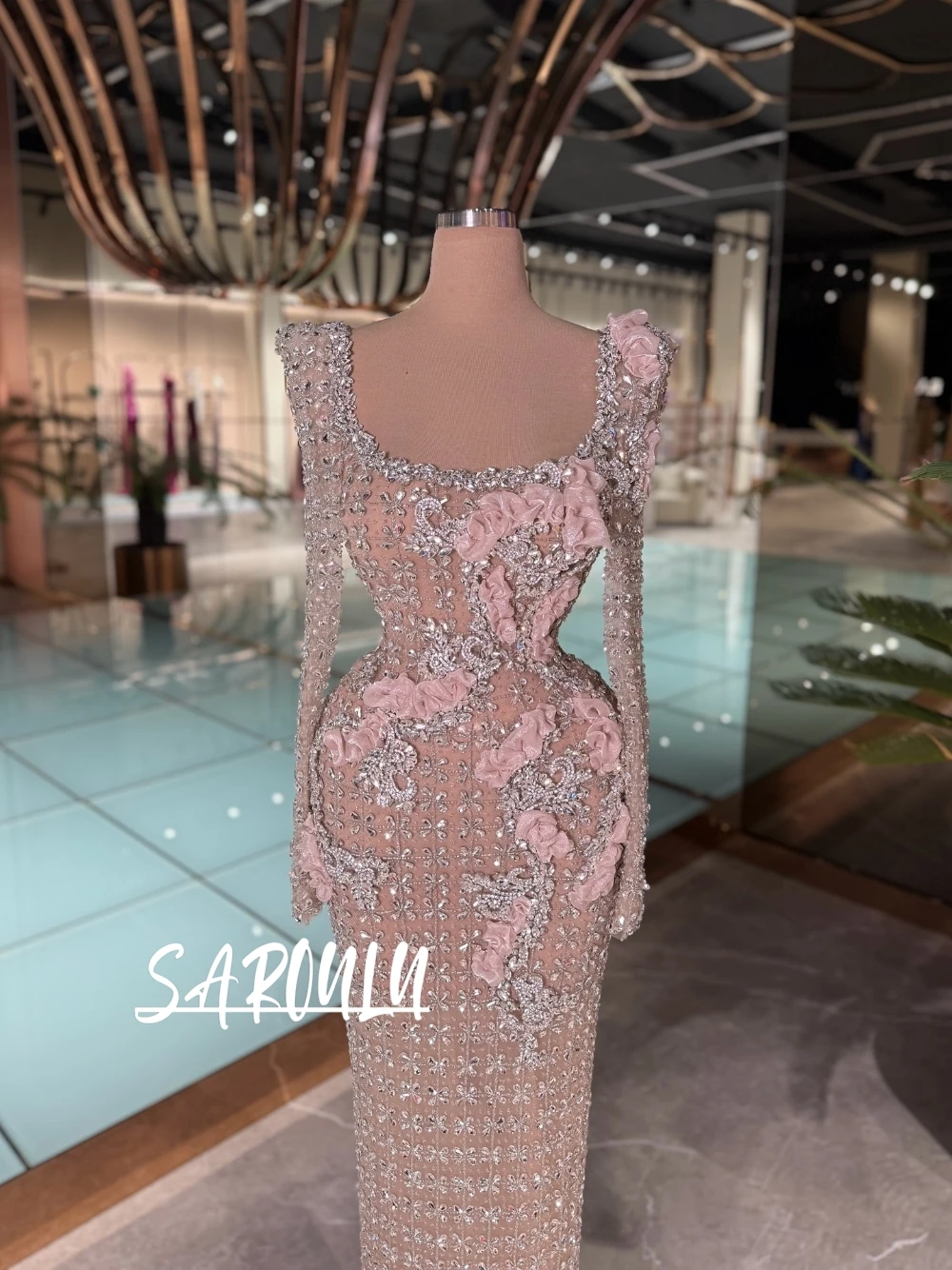 

Richly Crystals Bodycon Evening Dress High-end Square Neck Pink Ruffles Prom Gown Customized Delicate Illusion Formal Wear