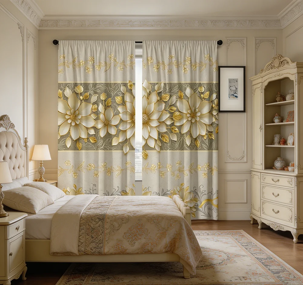 2PCS Digital Printed Curtains, Golden Lotus Flower Oriental Style, Rod Pocket Window Drapes for Living Room Bedroom Decor