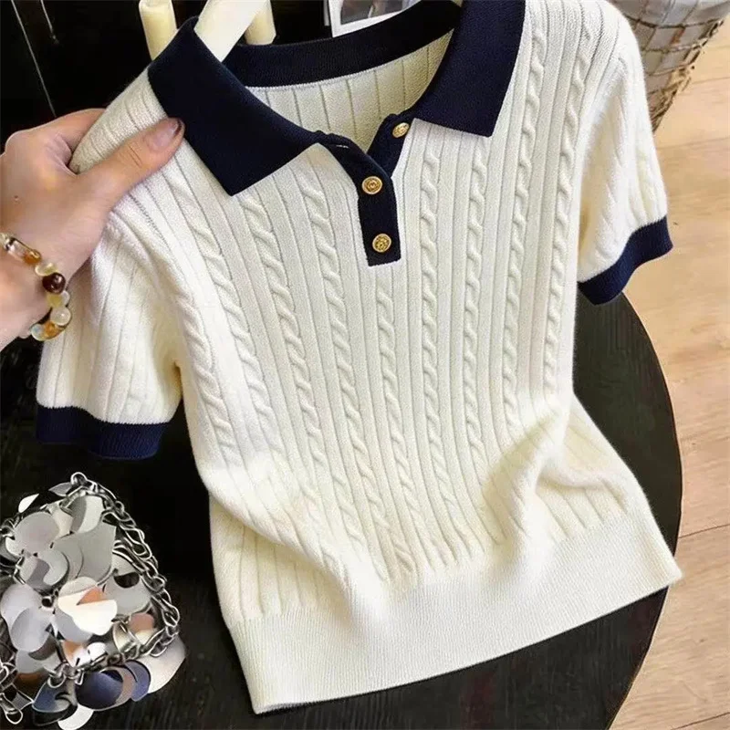 Women's T-shirt Blouse Contrast Color Fried Dough Twists POLO Collar Short Sleeve T-shirt Summer New Loose Thin Ice Top Pullover