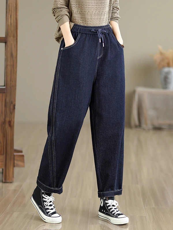 

Elastic Waist Dstring Denim Overalls Women's Faion Loose Fit Versatile Slimming Nine-Piece Pants Autumn 2025 New Arrival