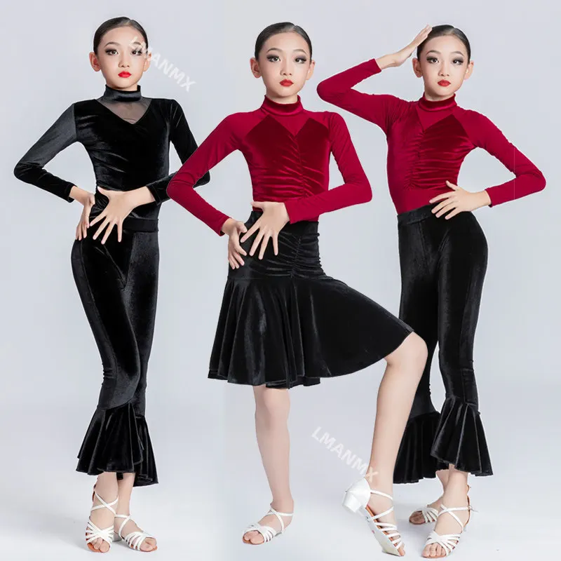 

Новый зимний комплект для латинских танцев для девочек, детский тренировочный костюм для латинских танцев с длинными рукавами