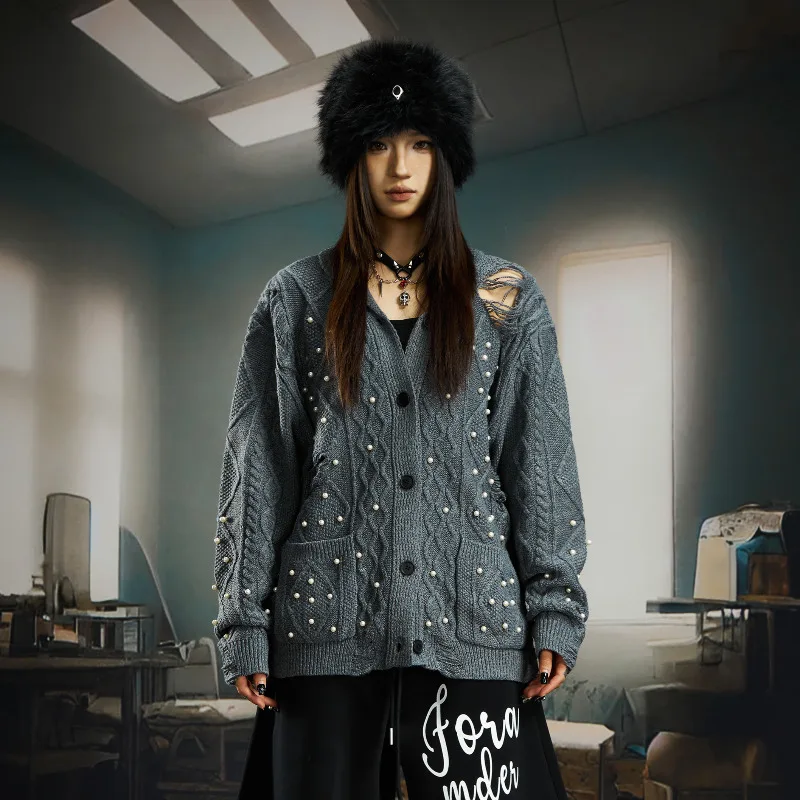 MWJLPWQ ビーズ装飾 ダメージ加工 ニッチデザイン 高密度ボタンニット カーディガン ターンダウンカラー セーター 秋 12541