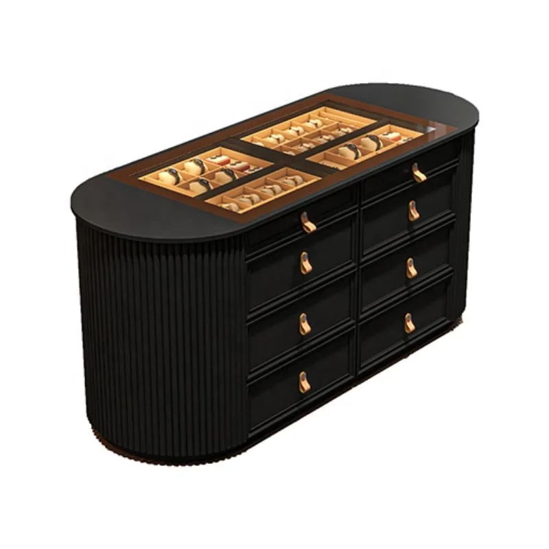Walk-in Closet Chest of Drawer Glass Countertop and groove Side Solid Wood Panel Drawer With LED Light Island Cabinet view 4