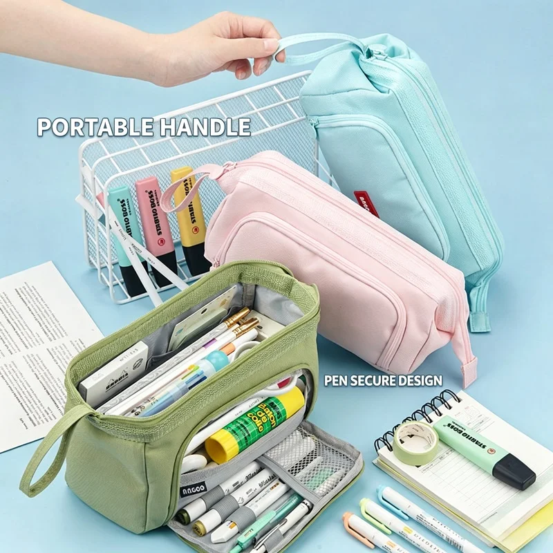 Angoo Cute Canvas Pencil Case Macaron Color Side Window Large Pencil Pouch Student School Stationery Storage Bag