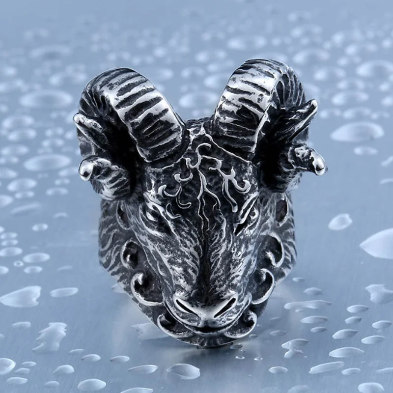 Fashion Vintage Aries Goat Head Animal Heads Motorcycle Exaggerated Punk Metal Ring for Men Jewelry