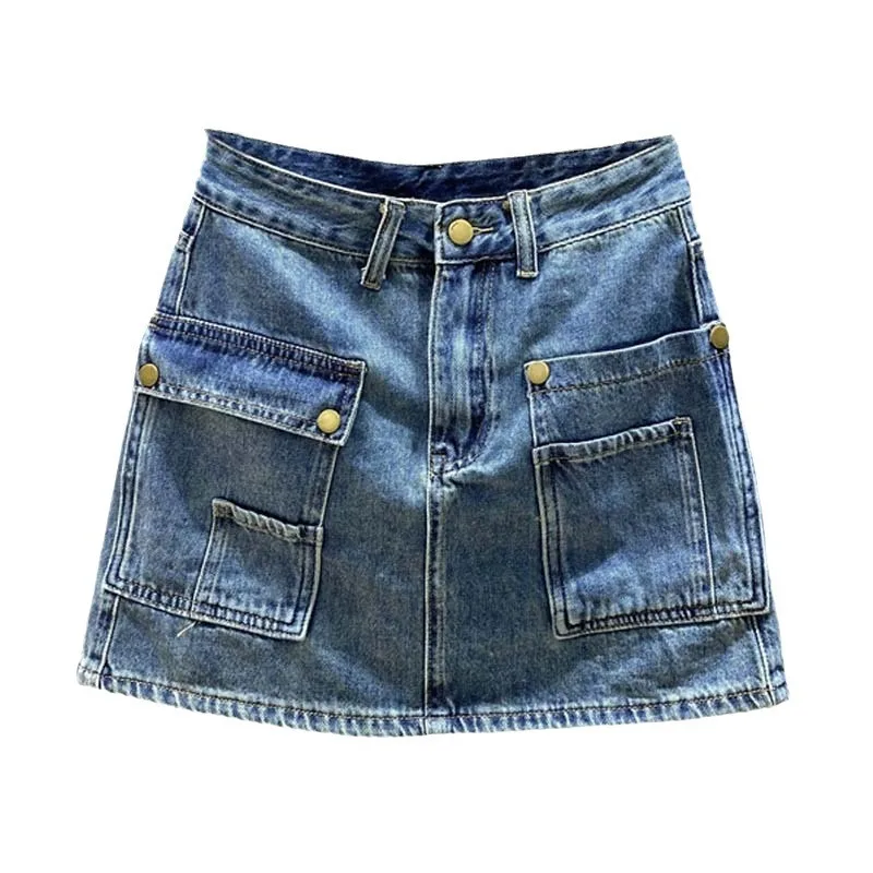 Zoci-saia midi jeans de bolso grande feminina, novo estilo, linha A, cintura alta, abraço do quadril, verão 2022