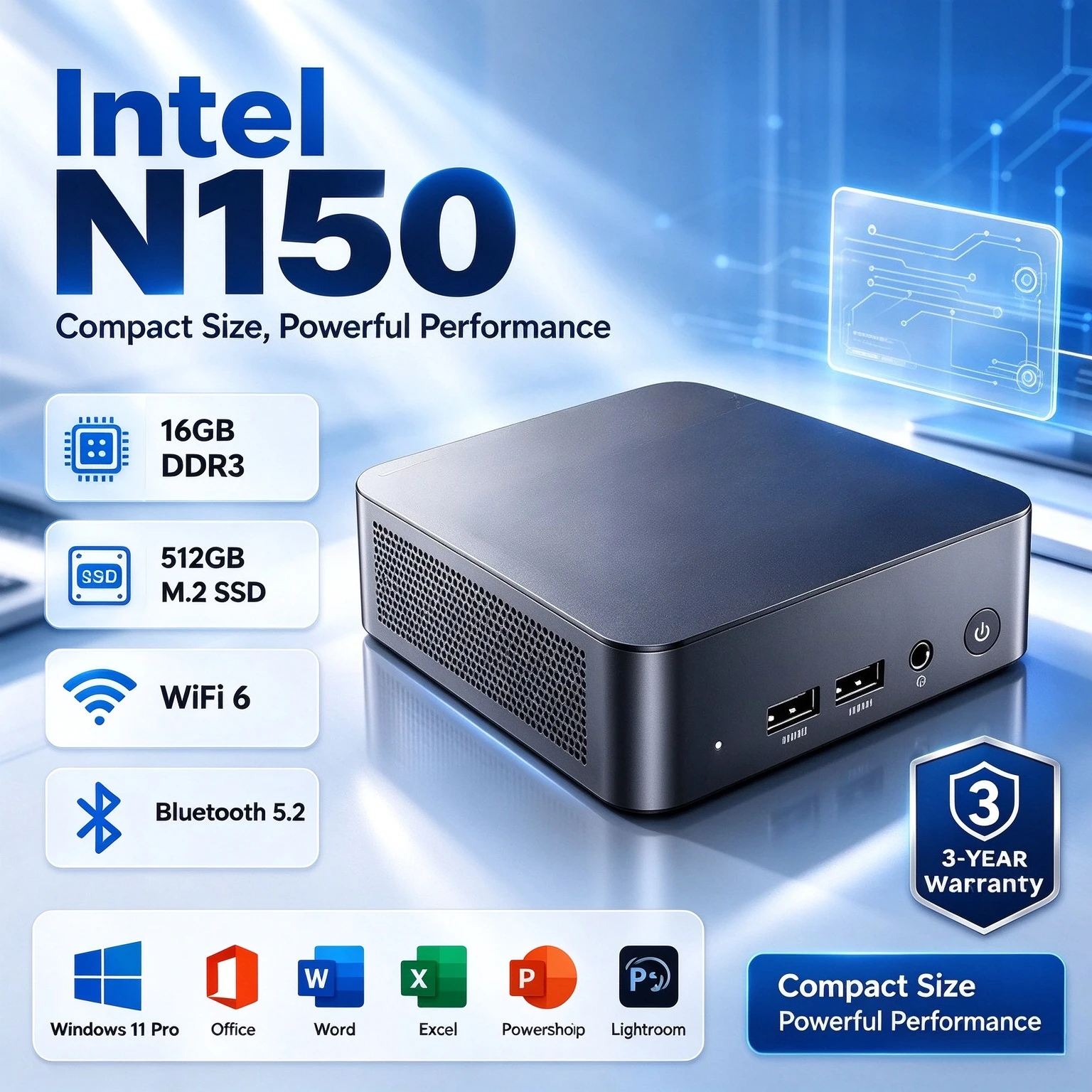 【3 Year Warranty】Powerful Mini PC Intel N150 UHD Graphics 16GB RAM 1TB 2TB SSD M.2 SSD WiFi6 BT5.2 Desktop PC Office