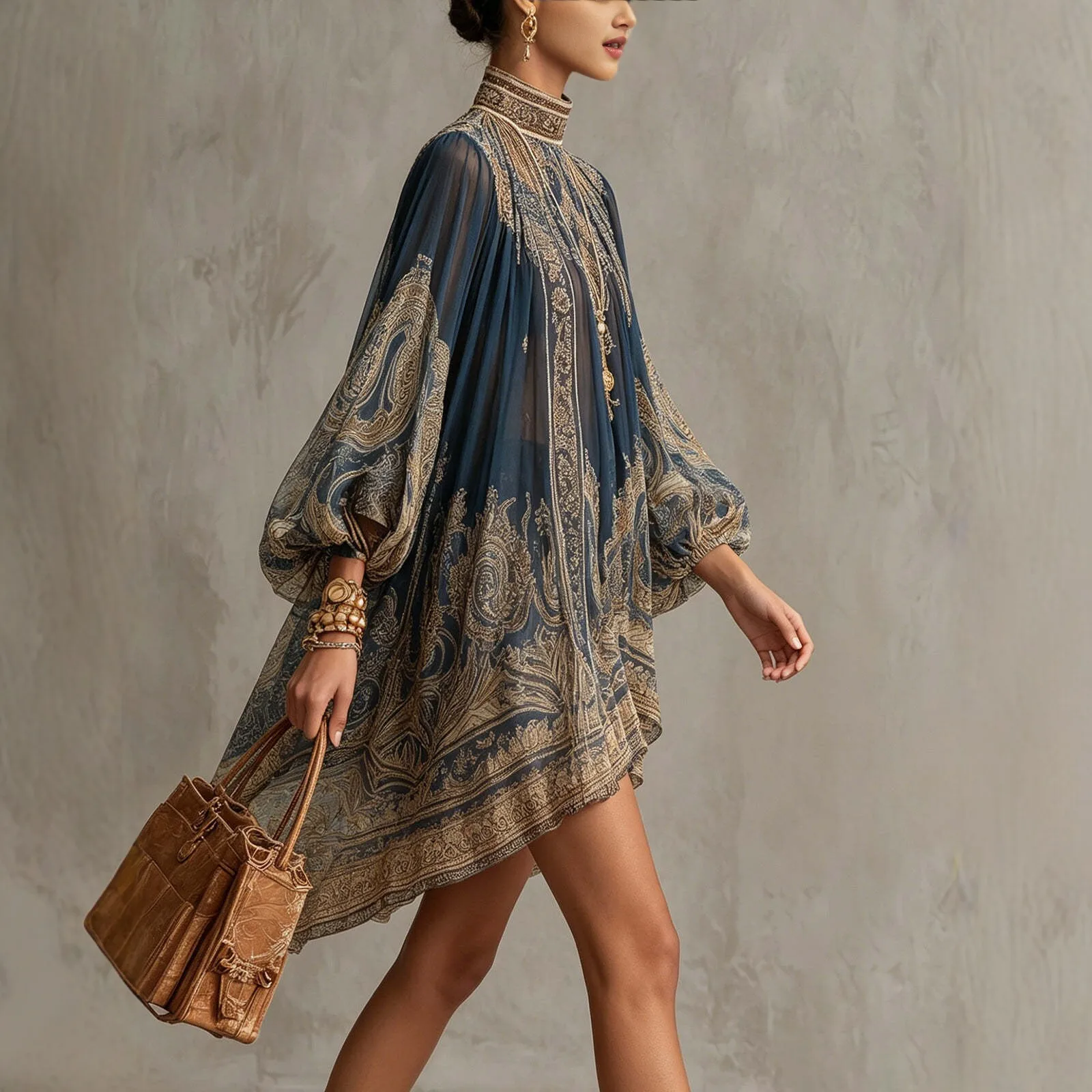 2026 Hot European and American Turtleneck Printed Chiffon Dress Loose Vacation Style Shawl Long-Sleeved Women's Dress