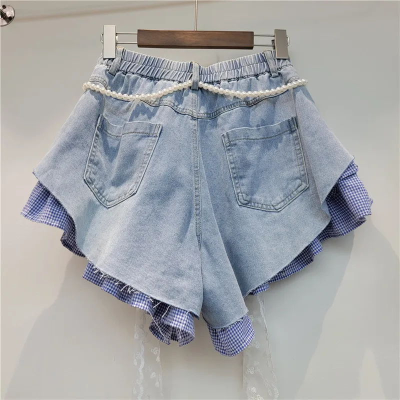 

Light Blue Elastic Waist shorts for women 2026 Summer New Denim Splicing Plaid Shorts High Waist Design Denim Shorts with Belt