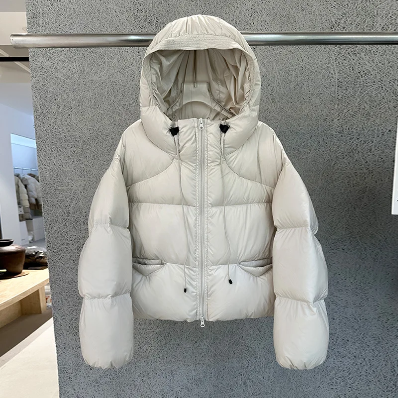 90% الأبيض بطة أسفل سترة المرأة عادية كبيرة الحجم رمادي مقنعين كم طويل نفخة معطف 2025 سميكة الدافئة الصلبة قصيرة سترات أبلى #1