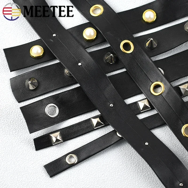 2-20M 10-20mm Rivet PU Leather Ribbon For Sewing Bag Punk Eyelets Band Rope Collar Decor Cord DIY Garment Material Accessories