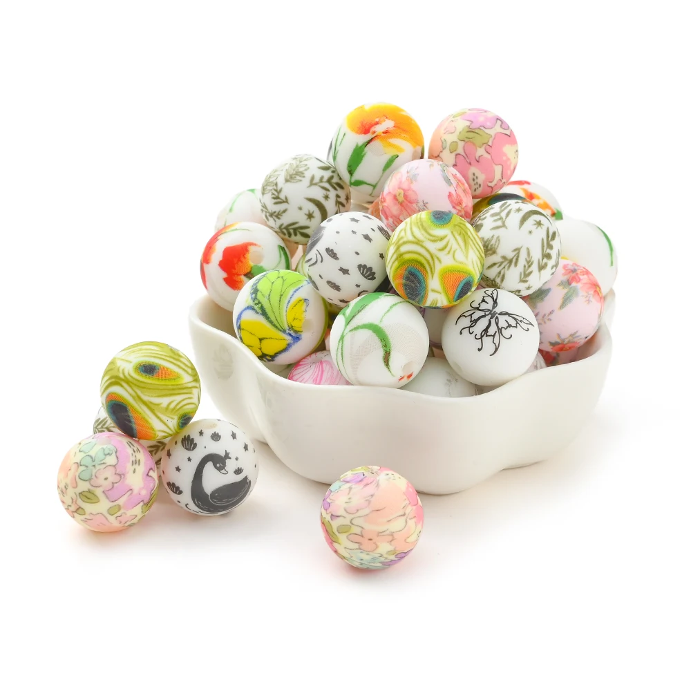 10pcs Summer Bohemia Style Colorful Printing Round Beads Loose Beads For DIY Handmade Pacifiers Clip Jewelry Making Bracelet