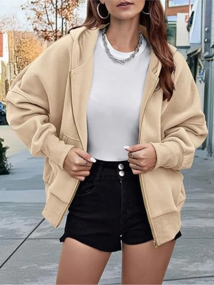 

Zipper Hooded Long Sleeve Pocket Cropped Women'S Jacket Coats Solid Stylish Comfy Sweatshirt Autumn Winter Causal Bomber Jacket