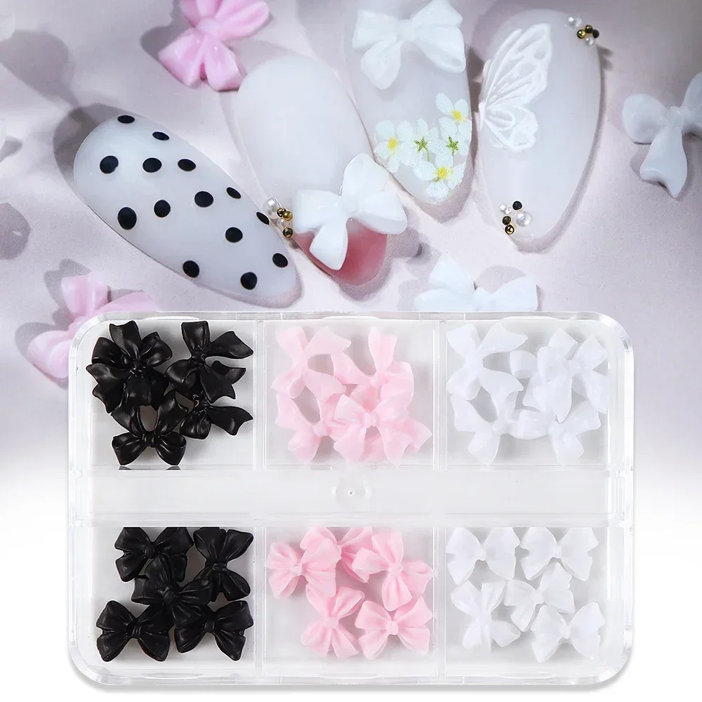 6 Grids Pink White Bow 3D Nail Charms Korean Kawaii Resin Rhinestone Nail Art Decoration Accessories Valentine's Manicure Design