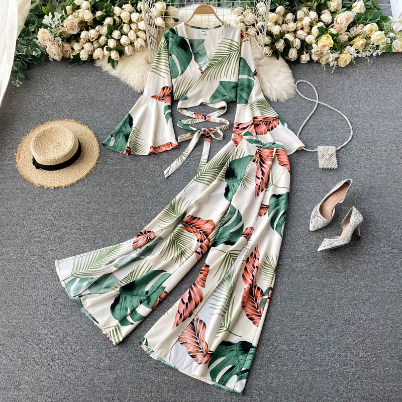 Bohemian Vacation Beach Two Piece Sets Women Sexy V-Neck Bandage Short Tops + High Waist Split Wide Leg Pant Suits Spring New