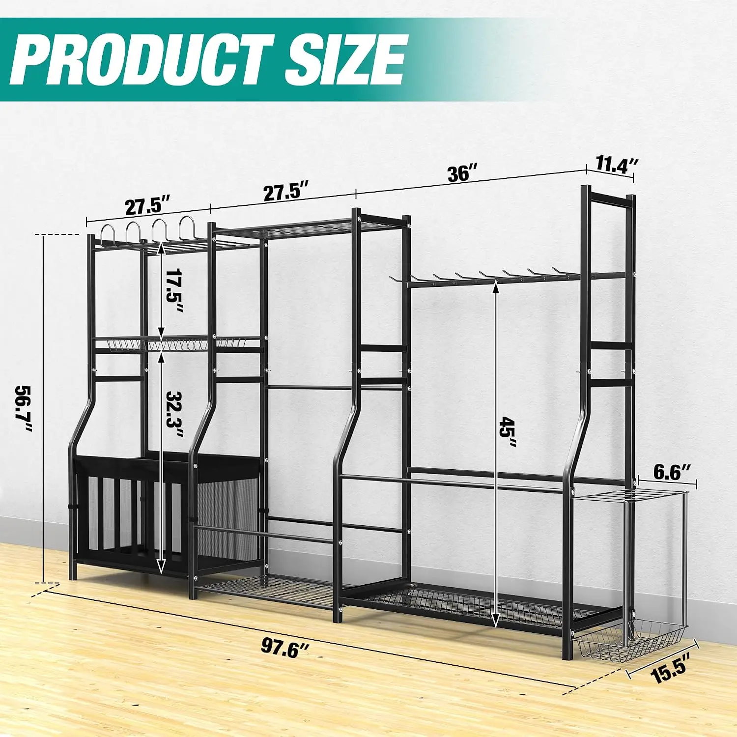 Sports Equipment Organizer Golf Bag Stand, Freestanding Ski And Snowboard Rack, Garage Ball Storage Shelf With Adjustable Hooks, Multipurpose Athletic Gear Floor Stand, Modern Black 1 Pack